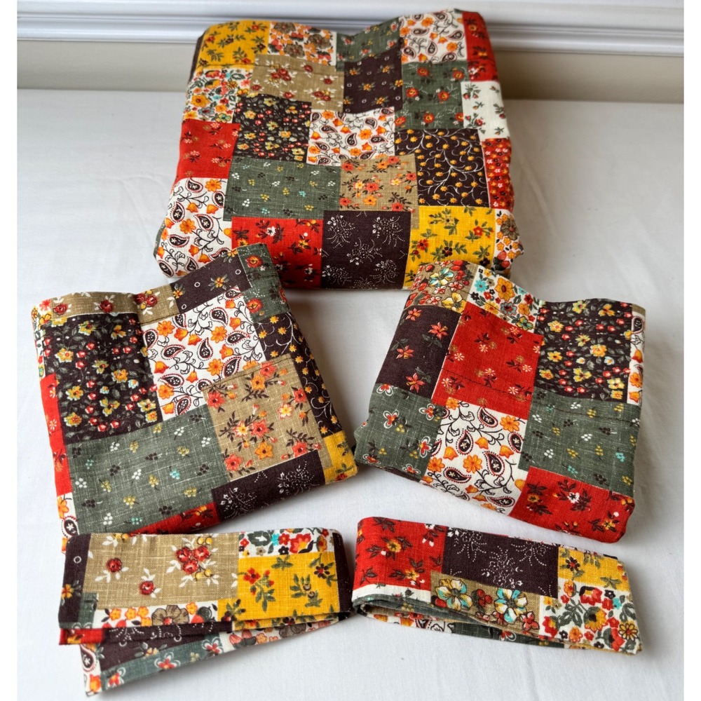Vintage Patchwork Cotton Shower & Window Curtain Set Floral 70s Calico Pront - Picture 1 of 12
